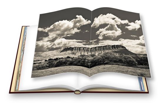 Typical Irish landscape with the Ben Bulben mountain called "table mountain" for its particular shape (county of Sligo - Ireland) - 3D render photo book. I'm the copyright owner of the images used in this 3D render.