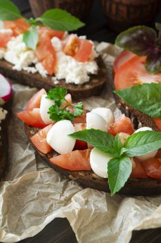 Variety of bruschetta sandwiches. Mix bruschetta with mozarella, tomato, basil. Vertical image