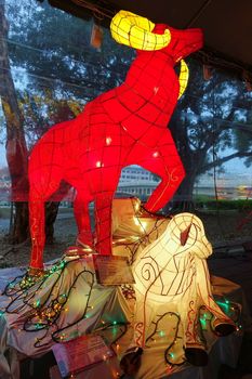 KAOHSIUNG, TAIWAN -- MARCH 6, 2015: Colorful lantern to celebrate the Chinese year of the goat are on display along the banks of the Love River during the traditional Lantern Festival.