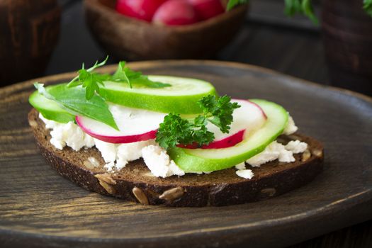 Bruschetta or open sandwiche with cucumbers, radishes and persil microgreen on wooden board