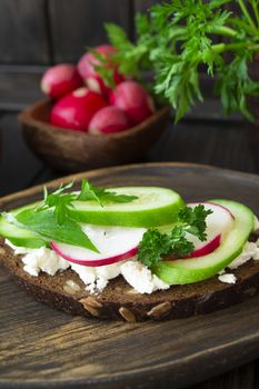 Bruschetta with cucumber, radishes and persil on wooden dark board, vertical image