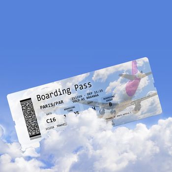 Airline boarding pass tickets isolated on cloudy sky - the contents of the image are totally invented and does not contain under copyright parts - image wiyh copy space.
