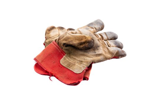 pair of construction gloves made of leather with worn red fabric on a white background