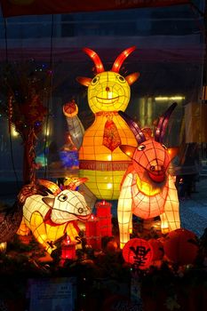 KAOHSIUNG, TAIWAN -- MARCH 6, 2015: Colorful lanterns to celebrate the Chinese year of the goat are on display along the banks of the Love River during the traditional Lantern Festival.