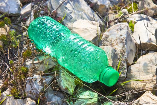 Empty green plastic bottle abandoned on stone beach