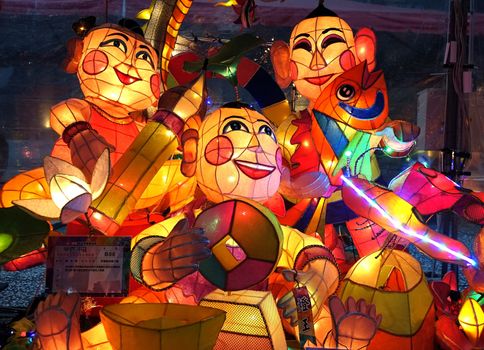 KAOHSIUNG, TAIWAN -- MARCH 6, 2015: Colorful lanterns to celebrate the Chinese year of the goat are on display along the banks of the Love River during the traditional Lantern Festival.
