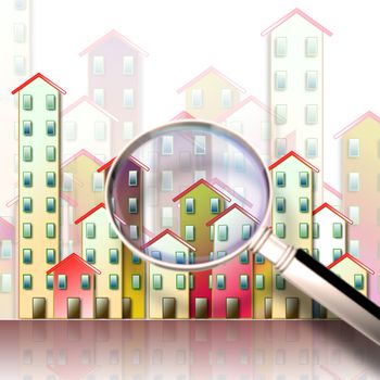 Searching new home concept - concept image with colorful houses seen through the magnifying glass.