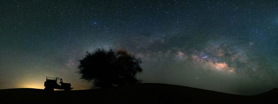 Panorama view of Milky way galaxy at Tar desert, Jaisalmer, India. Astro photography.