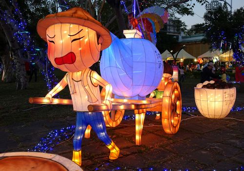 KAOHSIUNG, TAIWAN -- FEBRUARY 13, 2016: Colorful lanterns are displayed on the banks of the Love River during the 2016 Kaohsiung Lantern Festival