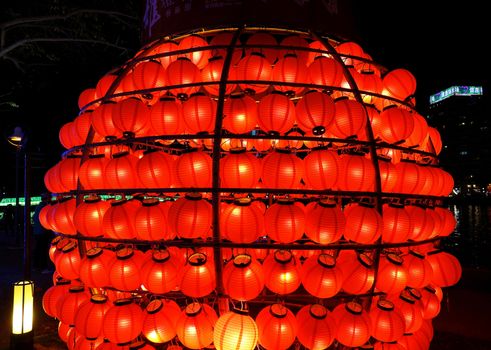 KAOHSIUNG, TAIWAN -- FEBRUARY 13, 2016: Colorful lanterns are displayed on the banks of the Love River during the 2016 Kaohsiung Lantern Festival
