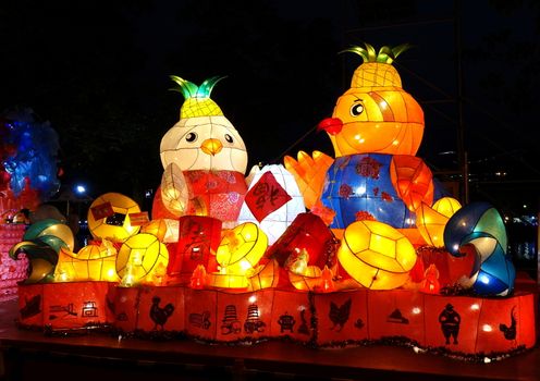 KAOHSIUNG, TAIWAN -- FEBRUARY 3, 2017: Colorful lantern to celebrate the Chinese year of the Rooster are on display along the banks of the Love River during the traditional Lantern Festival.
