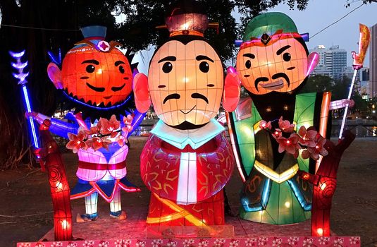 KAOHSIUNG, TAIWAN -- FEBRUARY 3, 2017: Colorful lanterns to celebrate the Chinese year of the Rooster are on display along the banks of the Love River during the traditional Lantern Festival.
