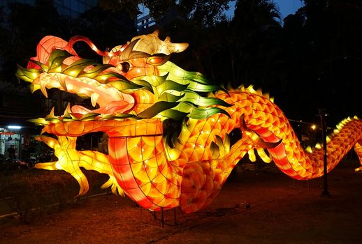 KAOHSIUNG, TAIWAN -- FEBRUARY 3, 2017: Colorful lantern to celebrate the Chinese year of the Rooster are on display along the banks of the Love River during the traditional Lantern Festival.