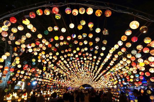 KAOHSIUNG, TAIWAN -- FEBRUARY 3, 2017: Colorful lanterns to celebrate the Chinese year of the Rooster are on display along the banks of the Love River during the traditional Lantern Festival.
