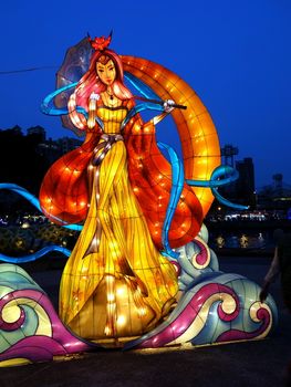 KAOHSIUNG, TAIWAN -- FEBRUARY 3, 2017: Colorful lanterns to celebrate the Chinese year of the Rooster are on display along the banks of the Love River during the traditional Lantern Festival.