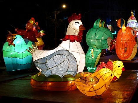 KAOHSIUNG, TAIWAN -- FEBRUARY 3, 2017: Colorful lantern to celebrate the Chinese year of the Rooster are on display along the banks of the Love River during the traditional Lantern Festival.