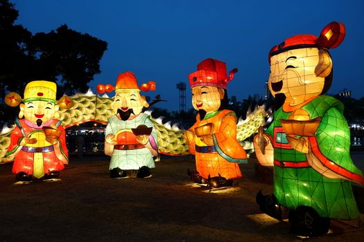 KAOHSIUNG, TAIWAN -- FEBRUARY 3, 2017: Colorful lanterns to celebrate the Chinese year of the Rooster are on display along the banks of the Love River during the traditional Lantern Festival.