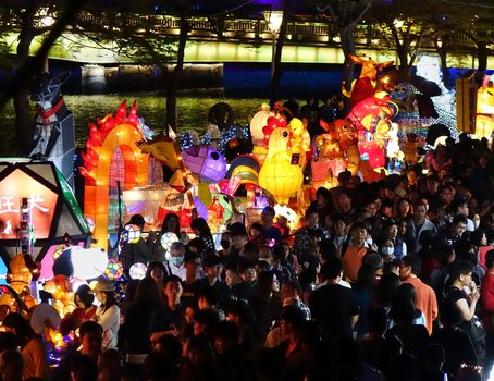 KAOHSIUNG, TAIWAN -- FEBRUARY 19, 2018: Large crowds turn out for the 2018 Lantern Festival to welcome the Year of the Dog.
