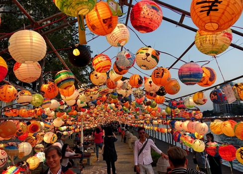 KAOHSIUNG, TAIWAN -- FEBRUARY 19, 2018: Colorful lanterns are on display  on the banks of the Love River during the 2018 Lantern Festival to welcome the Year of the Dog.
