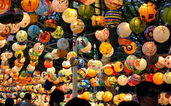 KAOHSIUNG, TAIWAN -- FEBRUARY 19, 2018: Colorful lanterns are on display  on the banks of the Love River during the 2018 Lantern Festival to welcome the Year of the Dog.