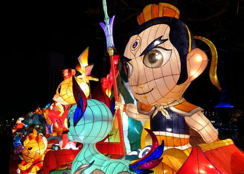 KAOHSIUNG, TAIWAN -- FEBRUARY 19, 2018: Colorful lanterns are on display  on the banks of the Love River during the 2018 Lantern Festival to welcome the Year of the Dog.