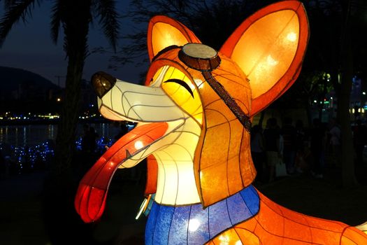 KAOHSIUNG, TAIWAN -- FEBRUARY 19, 2018: Colorful lanterns are on display  on the banks of the Love River during the 2018 Lantern Festival to welcome the Year of the Dog.