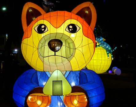 KAOHSIUNG, TAIWAN -- FEBRUARY 19, 2018: Colorful lanterns are on display  on the banks of the Love River during the 2018 Lantern Festival to welcome the Year of the Dog.