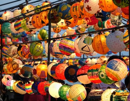 KAOHSIUNG, TAIWAN -- FEBRUARY 19, 2018: Colorful lanterns are on display  on the banks of the Love River during the 2018 Lantern Festival to welcome the Year of the Dog.