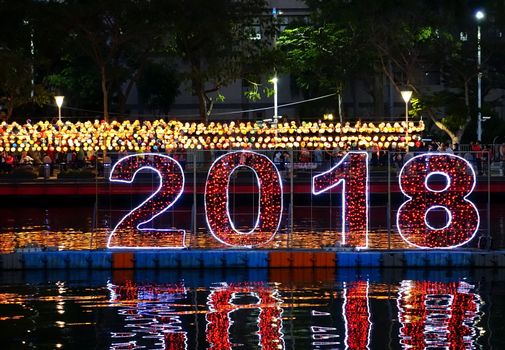 KAOHSIUNG, TAIWAN -- MARCH 2, 2018: Colorful lanterns are on display  on the banks of the Love River during the 2018 Lantern Festival to welcome the Year of the Dog.
