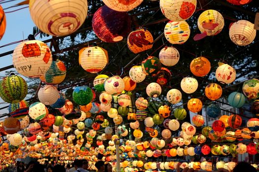 KAOHSIUNG, TAIWAN -- FEBRUARY 19, 2018: Colorful lanterns are on display  on the banks of the Love River during the 2018 Lantern Festival to welcome the Year of the Dog.