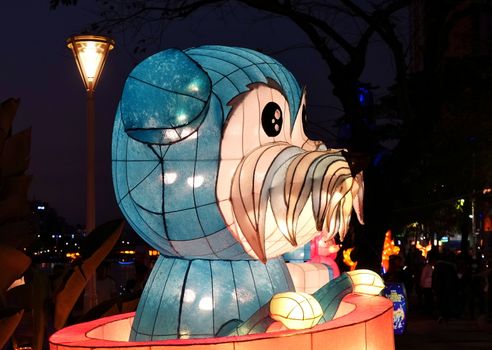 KAOHSIUNG, TAIWAN -- FEBRUARY 19, 2018: Colorful lanterns are on display  on the banks of the Love River during the 2018 Lantern Festival to welcome the Year of the Dog.