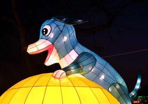 KAOHSIUNG, TAIWAN -- FEBRUARY 19, 2018: Colorful lanterns are on display  on the banks of the Love River during the 2018 Lantern Festival to welcome the Year of the Dog.