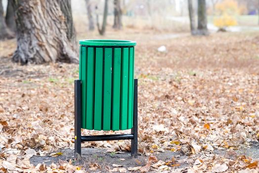 New green trash bin in the park in autumn