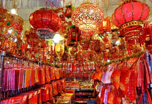 KAOHSIUNG, TAIWAN -- JANUARY 13, 2019: A store sells decorations for the Chinese New Year 2019, such as lanterns, bags and posters decorated with lucky Chinese sayings.