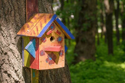 Handwork bird shelter made of chipboard and zinc in the woods during spring