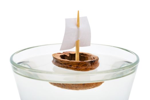 Macro of a walnut shell boat with a sail, floating in a transparent glass full of water or alcohol.