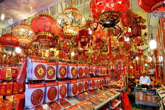 KAOHSIUNG, TAIWAN -- JANUARY 13, 2019: A store sells decorations for the Chinese New Year 2019, such as lanterns, bags and posters decorated with lucky Chinese sayings.