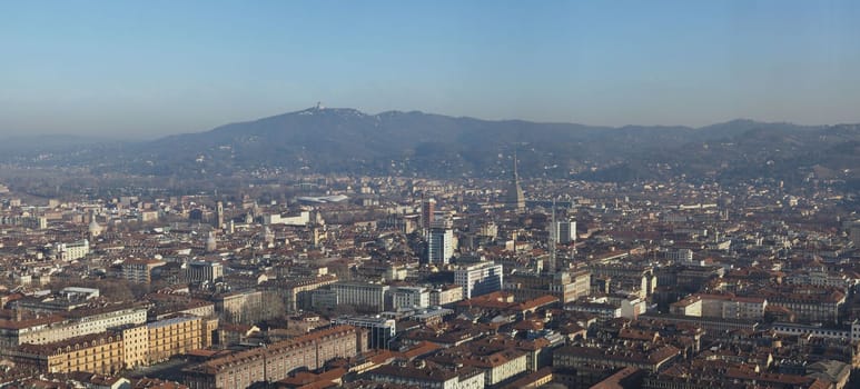 Wide panoramic aerial view of the city of Turin, Italy