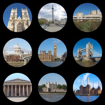 London collage with Westminster Abbey, Trafalgar Square, National Theatre, Saint Paul's Cathedral, Houses of Parliament, Big Ben, Tower Bridge, British Museum, Tower of London, Battersea Power Station