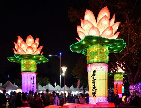 KAOHSIUNG, TAIWAN -- FEBRUARY 9, 2019: Large lanterns in the shape of the Buddhist symbol of the lotus flower are on display at the Lantern Festival.