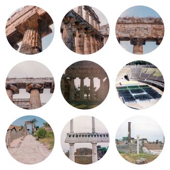 Collage of Pompeii and Peastum ancient archeological ruins including temple, theatre and city gates