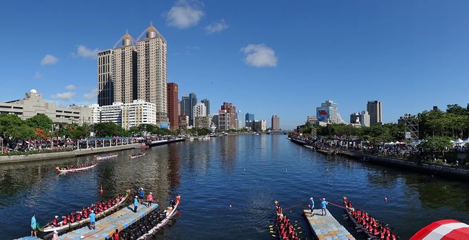 KAOHSIUNG, TAIWAN -- JUNE 7, 2019: The Love River in downtown Kaohsiung is the scene of the yearly dragon boat races.

