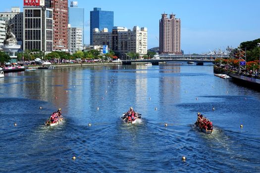 KAOHSIUNG, TAIWAN -- JUNE 7, 2019: The Love River in downtown Kaohsiung is the scene of the yearly dragon boat races.