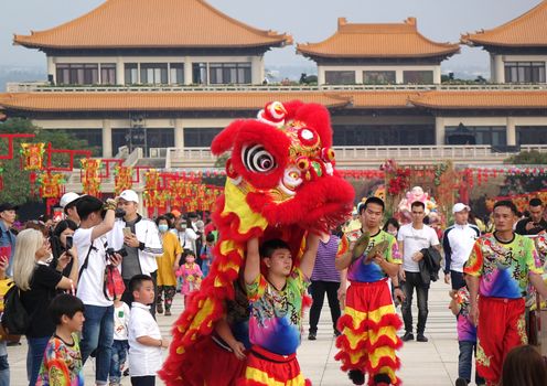 KAOHSIUNG, TAIWAN -- JANUARY 25, 2020: Traditional Chinese Lion dancers perform at the Fo Guang Shan Buddhist complex during Chinese New Year.