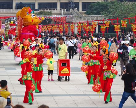 KAOHSIUNG, TAIWAN -- JANUARY 25, 2020: A parade at the Fo Guang Shan Buddhist complex during Chinese New Year with dancers dressed in Chinese folk costumes.