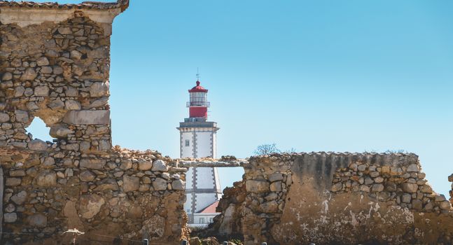 Sesimbra, Portugal - August 8, 2018: architectural detail of the Cape Espichel Lighthouse. Managed by the Portuguese National Maritime Authority, it entered service in 1790