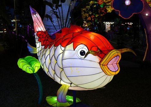KAOHSIUNG, TAIWAN -- FEBRUARY 6, 2020: Colorful lanterns are on display during the Lantern Festival along the banks of the Love River.