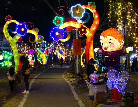 KAOHSIUNG, TAIWAN -- FEBRUARY 6, 2020: Colorful lanterns are on display during the Lantern Festival along the banks of the Love River.