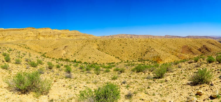 Panoramic landscape of HaMakhtesh HaGadol (the big crater). It is a geological erosional landform in the Negev desert, Southern Israel