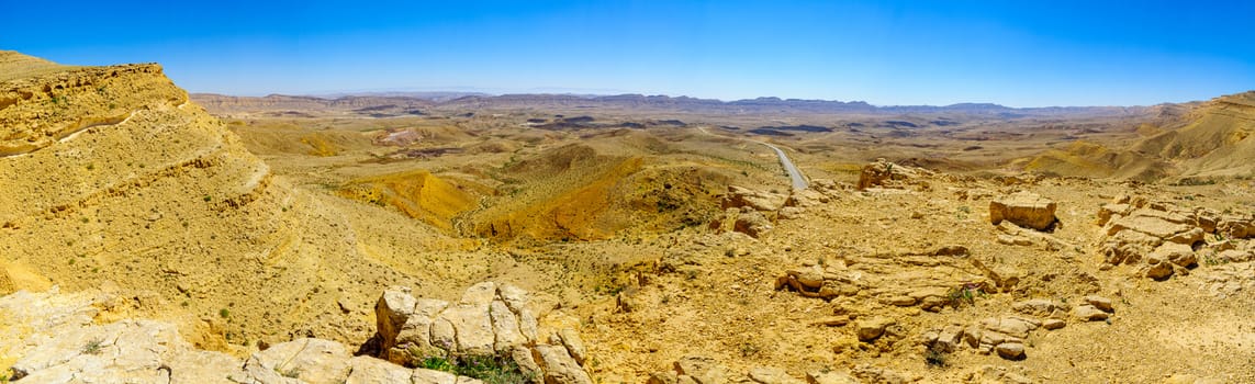 Panoramic landscape of HaMakhtesh HaGadol (the big crater). It is a geological erosional landform in the Negev desert, Southern Israel